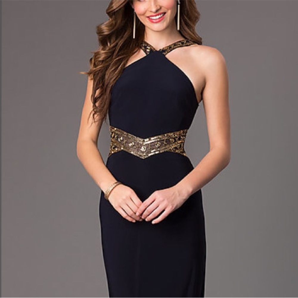 Betsy & Adam Black Evening Gown with Gold Embellished Waist